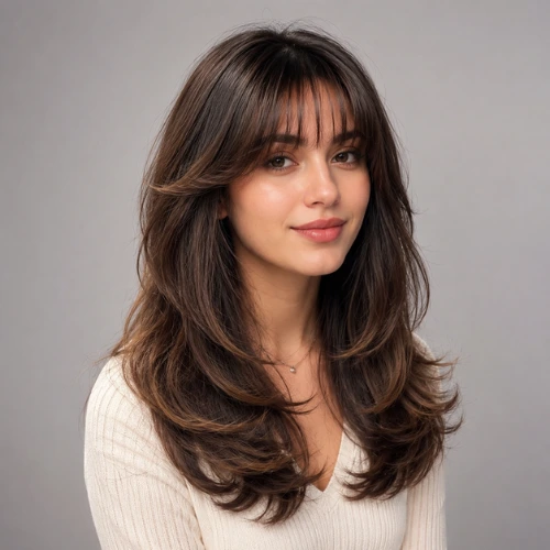 Long layered wolf cut haircut with wispy bangs on a brunette woman in a professional studio portrait, featuring feathered layers, soft volume, and a polished finish.
