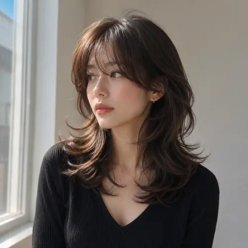 Wolf cut with side bangs on medium-length chestnut brown hair featuring feathered layers, flipped ends, and soft face-framing volume, styled with a black V-neck top .