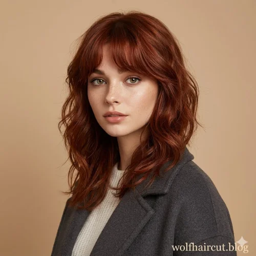 "Auburn wolf cut haircut with feathered layers, soft wispy bangs, and shoulder-length wavy texture, creating natural volume, movement, and a modern face-framing hairstyle."
