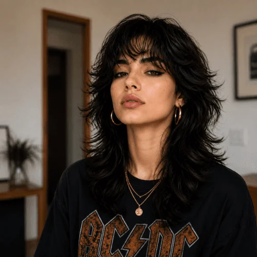 
*Woman with an '80s style wolf cut featuring voluminous layered hair, feathered texture, and wispy bangs, posing indoors with a confident expression and retro-inspired hairstyle.*
