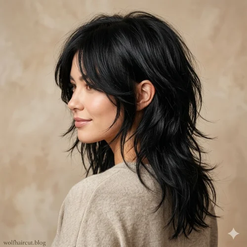 "Black wolf cut haircut with choppy feathered layers, long face-framing bangs, and textured medium-length hair, viewed from the side to highlight the layered shape, volume, and movement."