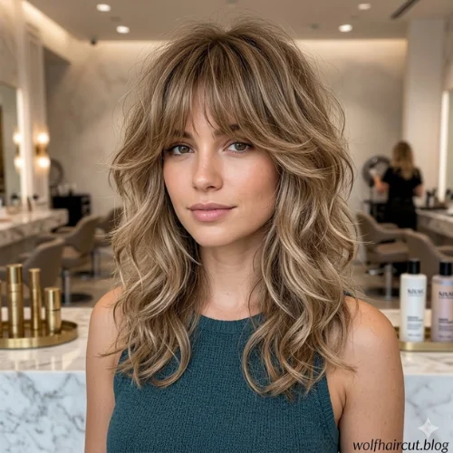 "Blonde wolf cut haircut with feathered layers, wispy curtain bangs, and shoulder-length textured waves, creating soft volume and movement for a modern, face-framing hairstyle."