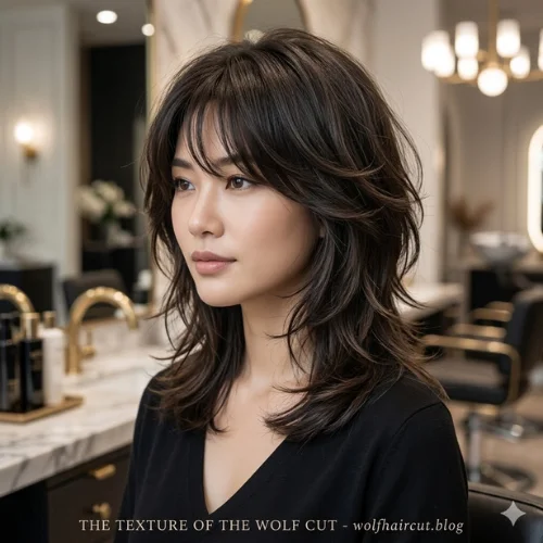 "Brunette wolf cut haircut with soft feathered layers, wispy curtain bangs, and shoulder-length textured hair, creating natural volume, movement, and a flattering face-framing style."