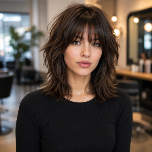 "Classic wolf cut hairstyle with soft textured layers, wispy bangs, and natural volume on medium-length dark brown hair, photographed against a blurred luxury salon background."