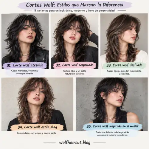 55 Cortes Wolf para Mujeres en 2026: Ideas y Consejos 7 Collage de 5 cortes wolf: atrevido, despeinado, desfilado, estilo shag e inspirado en el mullet.