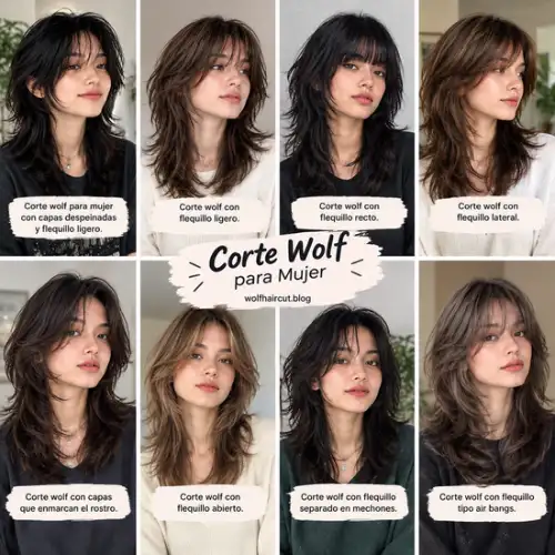 55 Cortes Wolf para Mujeres en 2026: Ideas y Consejos 3 Collage de cortes wolf para mujeres con varios estilos de flequillo y capas texturizadas.