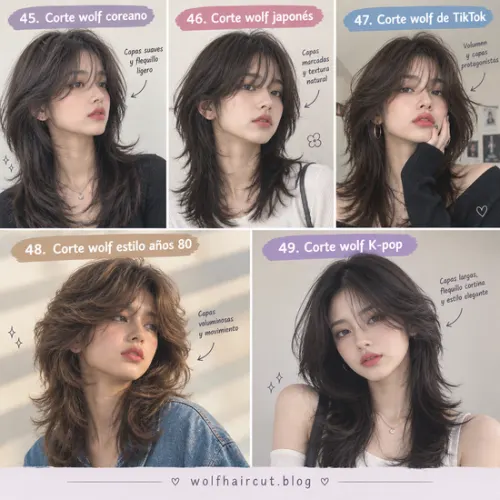 55 Cortes Wolf para Mujeres en 2026: Ideas y Consejos 9 Collage de cortes wolf para mujer: coreano, japonés, TikTok, años 80 y K-pop.