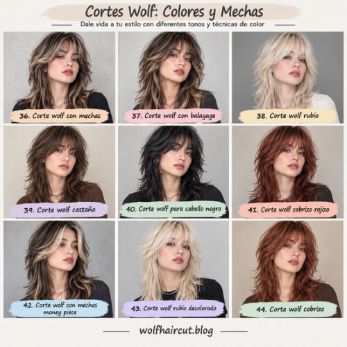 55 Cortes Wolf para Mujeres en 2026: Ideas y Consejos 8 Collage de cortes wolf con mechas, balayage, tonos rubios, castaños, negros y cobrizos.