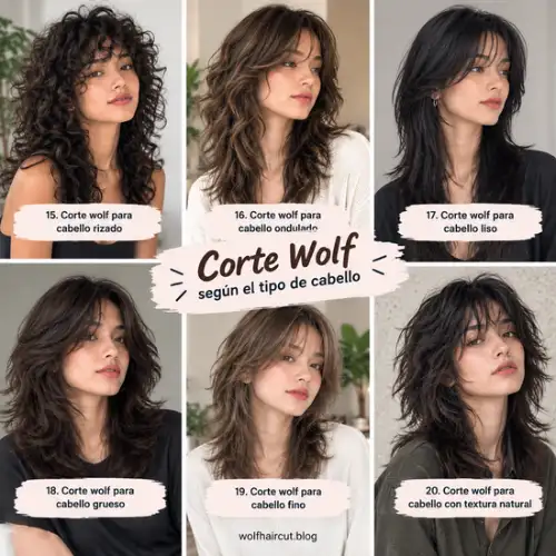 55 Cortes Wolf para Mujeres en 2026: Ideas y Consejos 4 Collage de corte wolf para mojeres cabello rizado, ondulado, liso, grueso, fino y natural.
