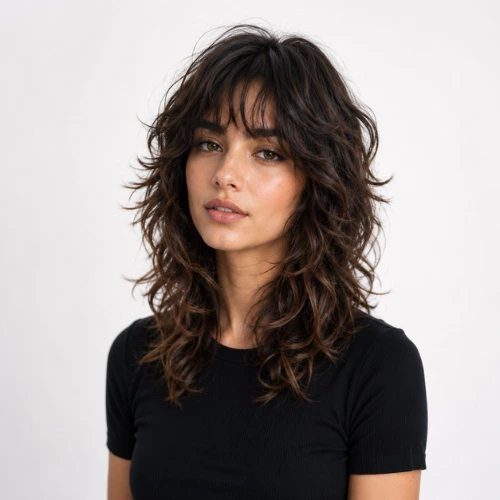 Curly wolf cut with layered shag texture, wispy bangs, and natural volume for women .