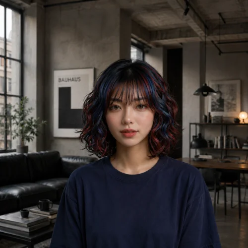 "Curvy wolf cut with textured layers, wispy bangs, soft waves, and dimensional color highlights"