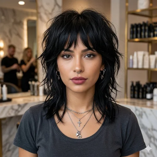 "Edgy wolf cut with heavily textured choppy layers, wispy bangs, and feathered ends that create bold volume and effortless movement. This short black wolf haircut features a shag-inspired silhouette, face-framing layers, and a tousled finish, making it a modern, edgy hairstyle for women seeking a voluminous layered look."