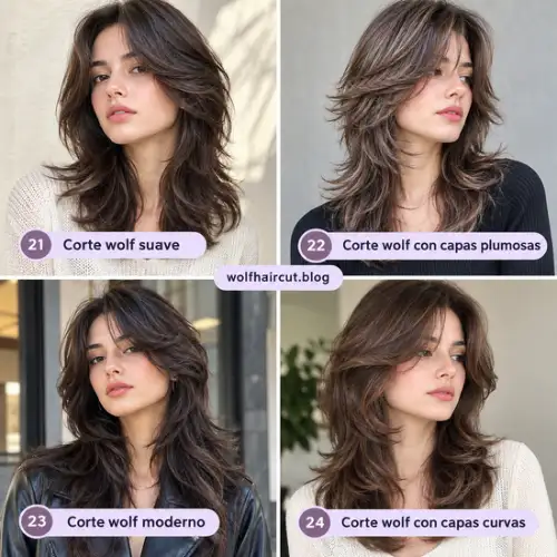 55 Cortes Wolf para Mujeres en 2026: Ideas y Consejos 5 Collage de cortes wolf suaves para mujer con capas plumosas, curvas y modernas.