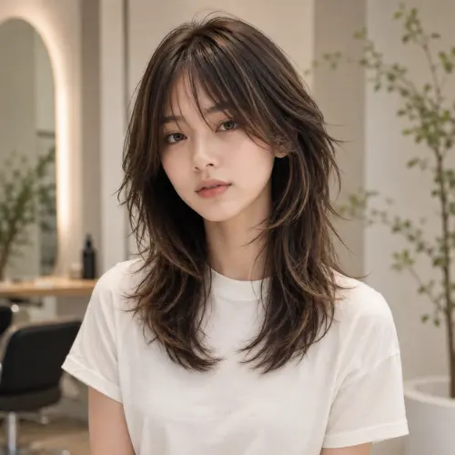 Japanese Wolf Cut hairstyle on medium-length dark brown hair with soft feathered layers, wispy curtain bangs, and natural texture, photographed in a modern salon while wearing a white T-shirt.