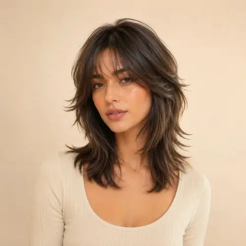 "Korean wolf cut hairstyle with soft feathered layers, airy wispy bangs, and natural volume on medium-length dark brown hair, photographed against a warm beige studio background."