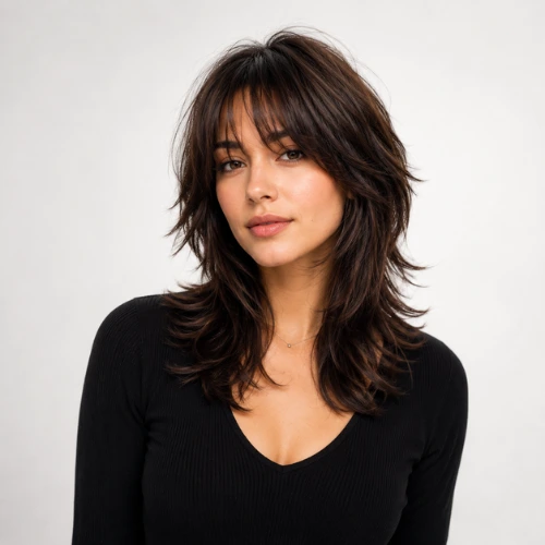 "Medium-length wolf cut hairstyle with feathered layers, soft curtain bangs, and textured volume on dark brown hair against a clean light gray studio background."