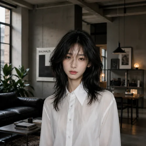 Messy layered wolf haircut with wispy bangs and feathered ends on a woman, modern textured hairstyle inspiration.
