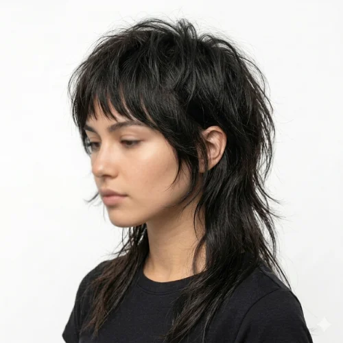 Mullet-inspired wolf cut with choppy layers, short textured bangs, and long tapered back, creating a bold edgy hairstyle.