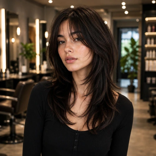 "Straight hair wolf cut with soft feathered layers, face-framing pieces, and wispy curtain bangs on dark brown hair, photographed in a blurred luxury salon setting."