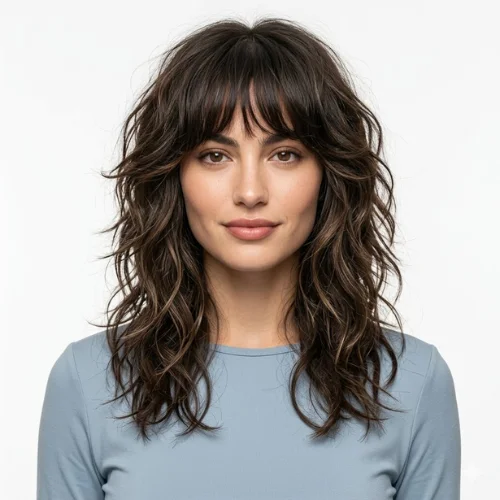 Woman with a textured wolf cut featuring layered dark hair and soft curtain bangs.
