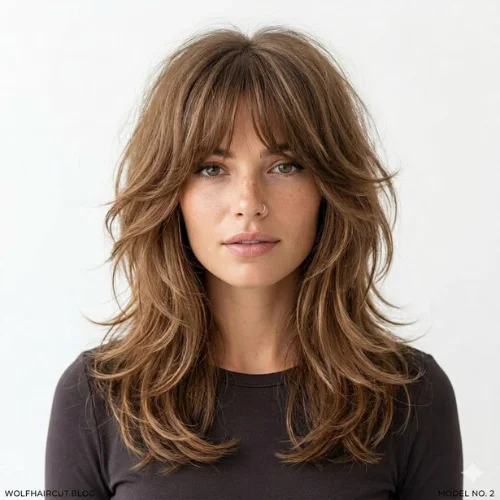 Voluminous wolf cut hairstyle with feathered layers, curtain bangs, and medium-length light brown hair, showcasing a modern textured wolf haircut.