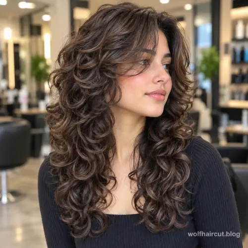 11 Stunning Long Wolf Cut Hairstyles for Women (2026) 3 Waterfall Wolf Cut for Curly Hair with Voluminous Layers and Face Framing Curls.