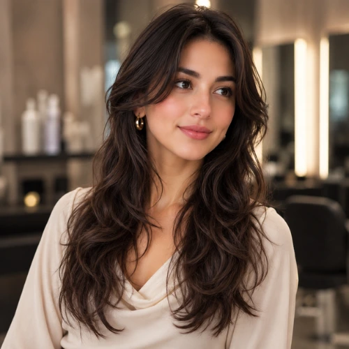"Wavy long wolf cut with soft layers and curtain bangs, adding natural volume and movement for a trendy women's hairstyle."