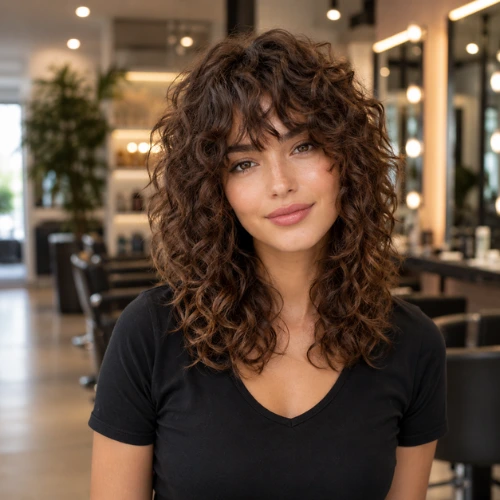 "Wavy wolf cut hairstyle with defined curls, shaggy layers, and curly fringe on medium-length dark brown hair, photographed in a blurred luxury salon setting."