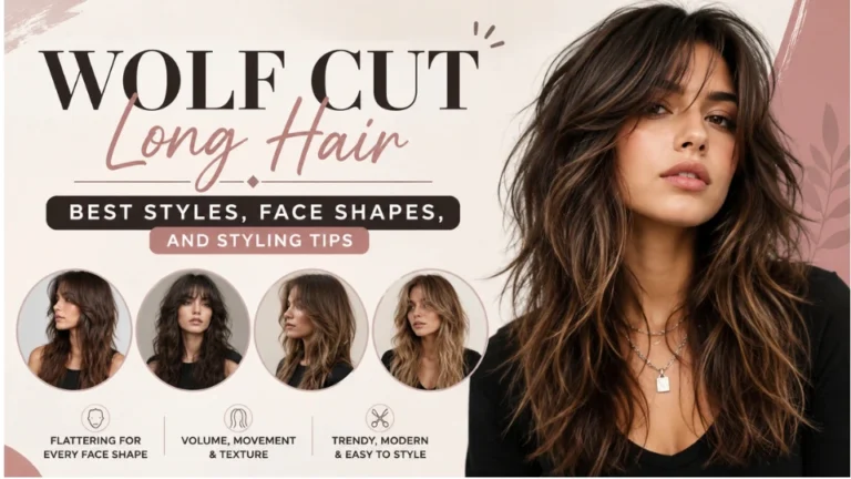 "Feature image for Wolf Cut Long Hair showing a woman with long, layered wolf cut hair and soft curtain bangs. The collage highlights popular long wolf cut styles with the title 'Wolf Cut Long Hair: Best Styles, Face Shapes, and Styling Tips,' representing volume, texture, and modern layered hairstyles."