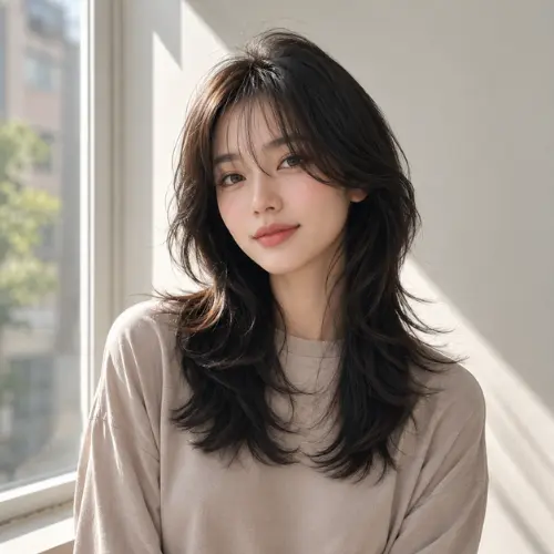 Long layered wolf cut for fine hair with feathered face-framing layers, soft curtain bangs, and textured ends that create natural volume, movement, and a lightweight, airy finish on dark brown hair.