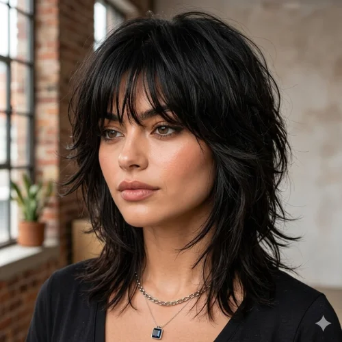 "Wolf cut for square faces with choppy feathered layers, wispy curtain bangs, and textured ends that soften a strong jawline. This medium-length black wolf haircut adds crown volume, face-framing movement, and effortless dimension, making it a flattering layered hairstyle for women with square face shapes."