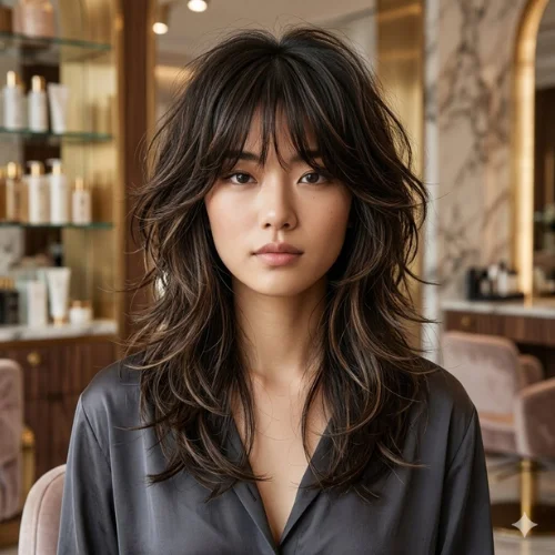 "Wolf cut with balayage featuring long feathered layers, soft curtain bangs, and textured ends that create natural volume and effortless movement. This layered wolf haircut blends dark brown hair with subtle caramel balayage highlights for added depth, dimension, and face-framing definition, making it a modern, low-maintenance hairstyle for women."