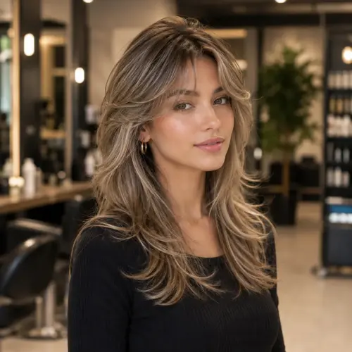 "Wolf cut with curtain bangs featuring feathered layers, soft face-framing pieces, and dimensional blonde balayage on medium-length hair, photographed in a blurred luxury salon setting."