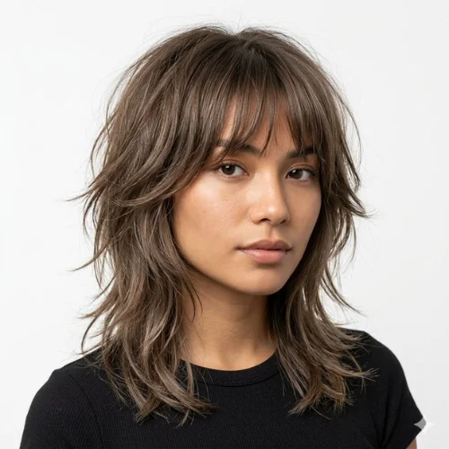 Wolf cut with curtain fringe featuring textured medium-length layers, wispy bangs, and soft volume for a modern shag-inspired hairstyle.