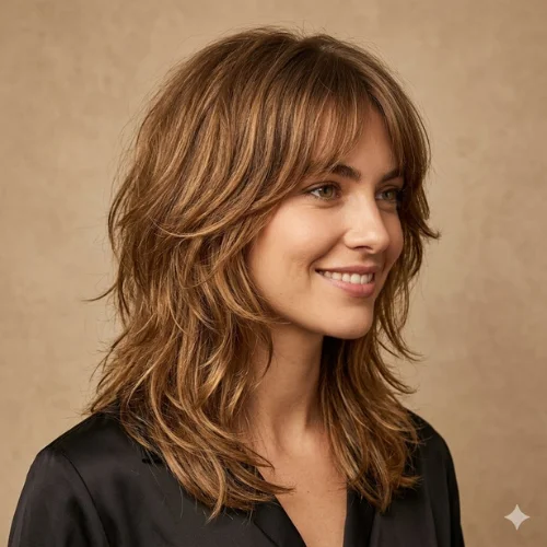 "Wolf cut haircut with face-framing feathered layers, wispy curtain bangs, and shoulder-length textured hair, creating soft volume, natural movement, and a flattering layered hairstyle for women."