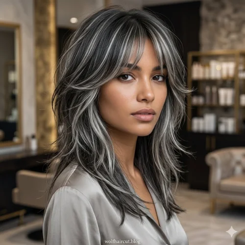"Wolf cut with silver highlights featuring long feathered layers, wispy curtain bangs, and atextured ends that create bold dimension and natural movement. This layered wolf haircut blends dark roots with cool silver highlights for enhanced depth, crown volume, and face-framing definition, making it a modern, high-contrast hairstyle for women."