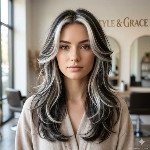 Wolf cut with money piece highlights featuring layered medium-length hair, face-framing platinum streaks, feathered ends, and soft volume.