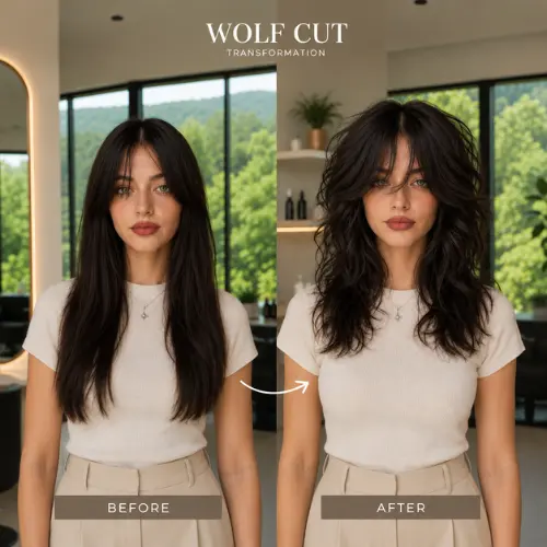 Wolf cut before and after transformation showing long straight dark hair changed into a layered wolf cut with shaggy volume, textured lengths, and wispy bangs for a modern, face-framing hairstyle.
