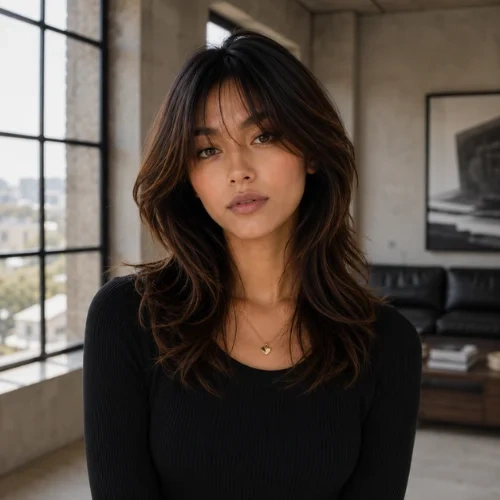 "Wolf cut for heart-shaped faces with long feathered layers, airy curtain bangs, and softly textured ends that balance a wider forehead and tapered chin. This medium-length layered wolf haircut adds crown volume, face-framing movement, and natural dimension, creating a flattering, lightweight hairstyle for women with heart-shaped face shapes."