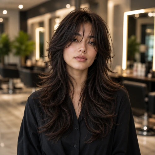 "Long wolf cut hairstyle featuring feathered layers, face-framing pieces, and soft curtain bangs on dark hair with a blurred luxury salon background."