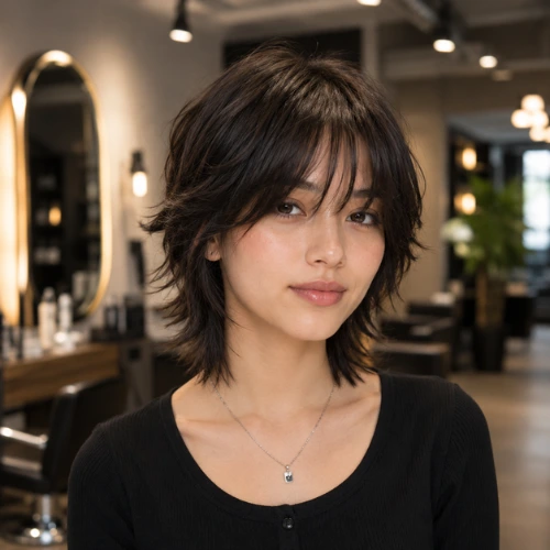 "Short wolf cut hairstyle with choppy textured layers, wispy bangs, and soft volume on dark hair, photographed in a blurred luxury salon background."