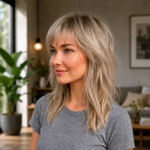 Woman with a bleach blonde wolf cut featuring soft layered lengths.
