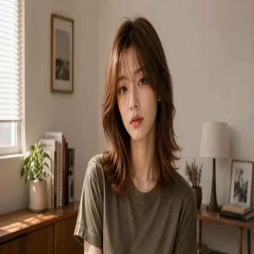 Woman with a copper wolf cut hairstyle featuring soft layered ends and wispy bangs