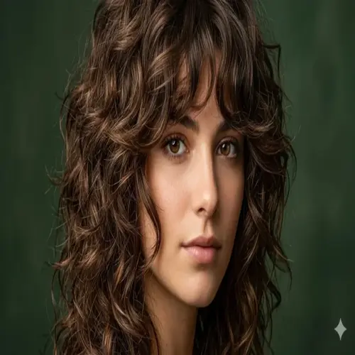 Heavily layered curly wolf cut with textured bangs for women