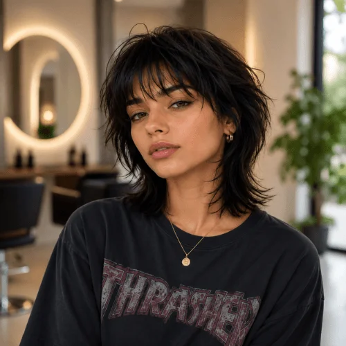 
*Woman with a mini wolf cut hairstyle featuring short textured layers, wispy bangs, and tousled volume, creating a modern edgy look with effortless movement and soft facial framing.*
