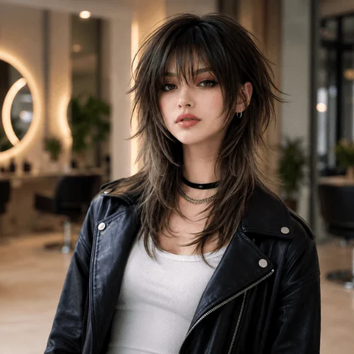 Modern wolf cut with choppy layers, wispy bangs, feathered ends, and textured volume
