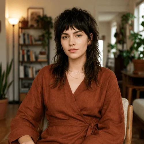 Natural texture wolf cut with shaggy layers, cropped bangs, and soft feathered ends"