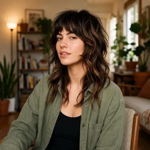 Razored wolf cut with choppy layers, textured bangs, and soft waves for women |