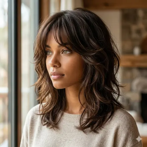 Soft layered wolf cut on medium-length chocolate brown hair with feathered layers, wispy curtain bangs, and natural volume, styled with a casual beige sweater in soft natural window light.