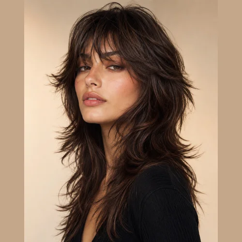 "Soft layered wolf cut hairstyle with feathered ends, wispy curtain bangs, and voluminous medium-length hair for women."